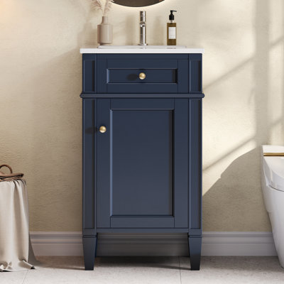 Ensemble de meuble-lavabo simple 18 po avec lavabo en céramique, ensemble de meuble-lavabo autoportant avec porte à fermeture douce, tablette réglable, style français, pieds pleins, bleu