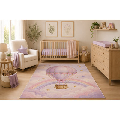 "Ultra Lightweight" 5'x7' Pastel Hot Air Balloon Area Rug, Rainbow Sky Nursery Baby Girl Bedroom Playroom Decor, Non-Slip Silicone Backing Low Pile Carpet