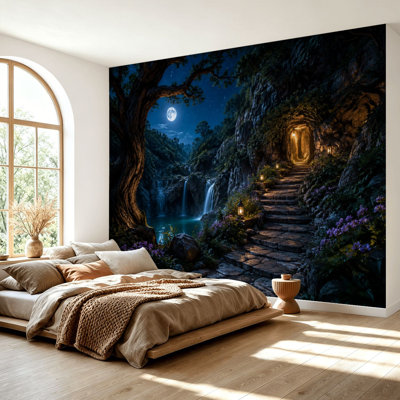 Wall Mural Peel and Stick Wallpaper Enchanting Forest Waterfalls Glowing Cave Entrance Self-Adhesive Removable Contact Paper Wall Decor for Living Room Bedroom 69"H x 96"W