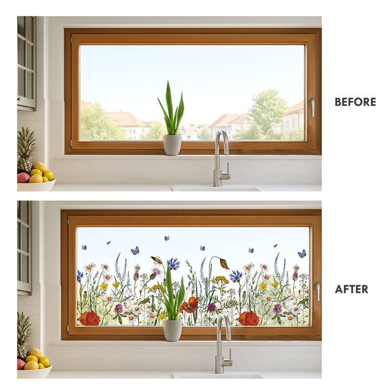 Add.heres Window Privacy Film, Floral Window Stickers, Removable Diy Bouquet Static Clings, Decals For Home School Office Party Supplies, Butterfly Among The Flowers, 17.5 X 78.7 In