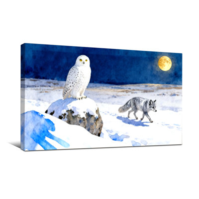 Hibou des neiges de Noël et renard arctique au clair de lune