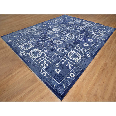 Tapis oriental 11 pi 9 po x 15 pi bleu ivoire, noué à la main, ton sur ton, surdimensionné Tabriz avec motif de feuilles, laine et soie