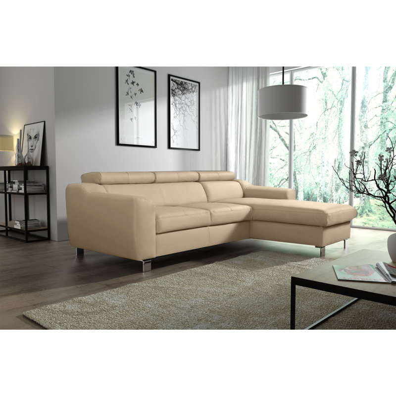 Alford Faux Leather Corner Sofa with Sleeping Function and Storage, Beige, Right Hand Facing