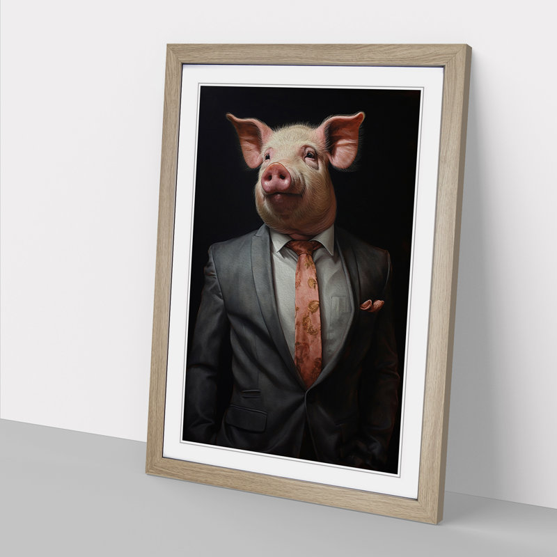 Pig In A Suit No.3 - Single Picture Frame Print on Wood, Oak, 34cm H x 25cm W x 2cm D