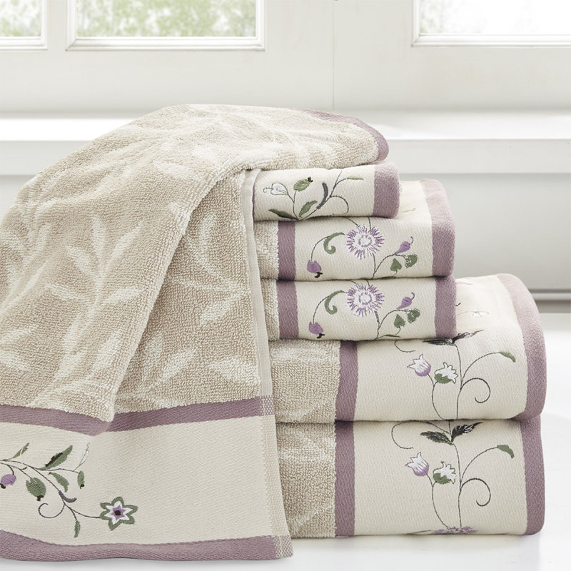 Embroidered Cotton Jacquard 6 Piece Towel Set, Purple
