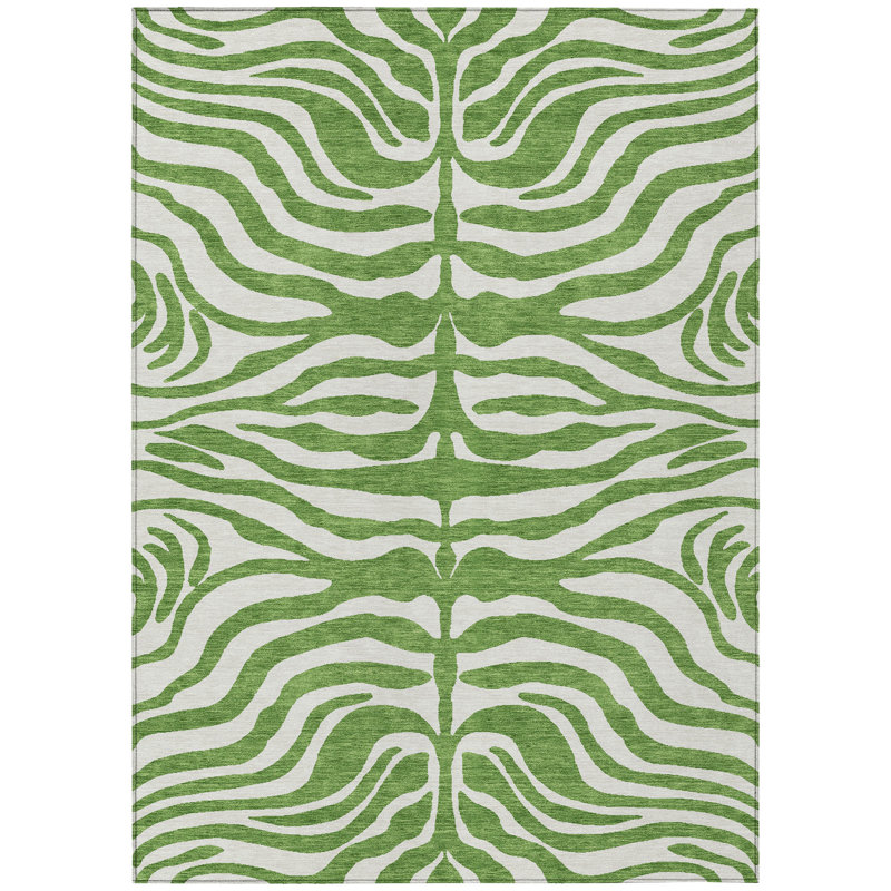 Green and Off-White Zebra Pattern Washable Synthetic Area Rug