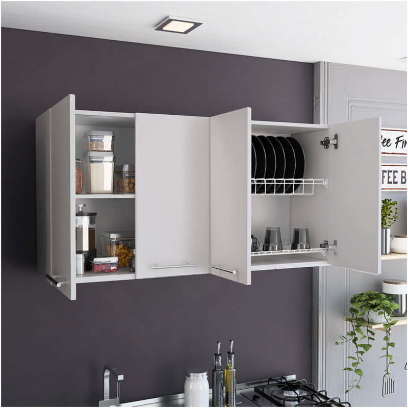 Armoire murale H 24 po, quatre portes, avec deux tablettes internes et une plaque interne et un organisateur en verre, blanc