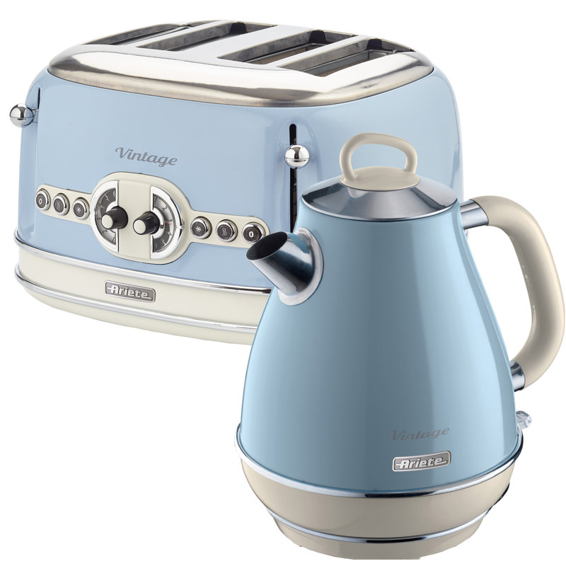 Ariete Vintage 1.7L Stainless Steel Jug Kettle with 4 Slice Toaster Set, Blue