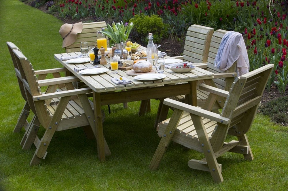 Amelia Wooden Rectangular Garden Table and Chair Set | 6 Seater | PEFC ® Certified Scandinavian Redwood | 7 Pieces, 6 Elli Static Chairs, 1 Amelia 2.