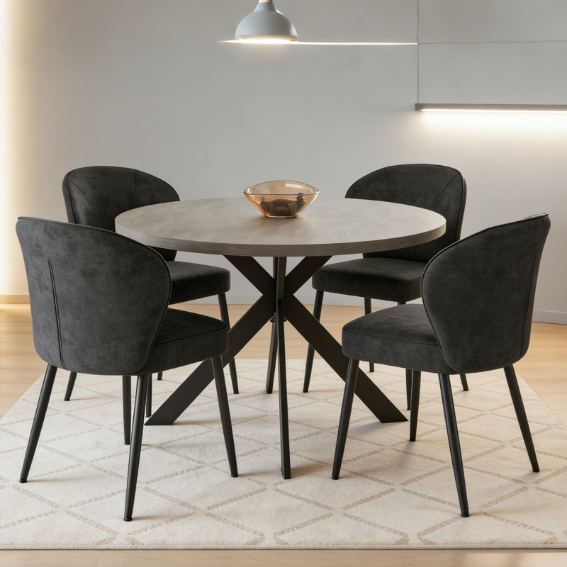 Modern Kitchen Dining Set, 46'' Round Dining Table With 32.7"H Dining Chair, 5 Pieces: Table, 4 Chairs