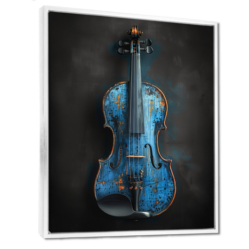 Charme de violon monochrome gris et bleu - musique Jazz Art mural, Cadre flottant blanc, 20" H x 12" W