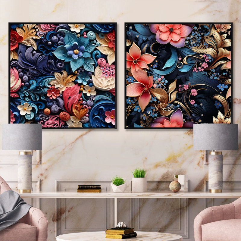 Sprimont - Ensemble de 2 collages floraux et botaniques carrés, Cadre flottant noir, H 30 po x l 61 po