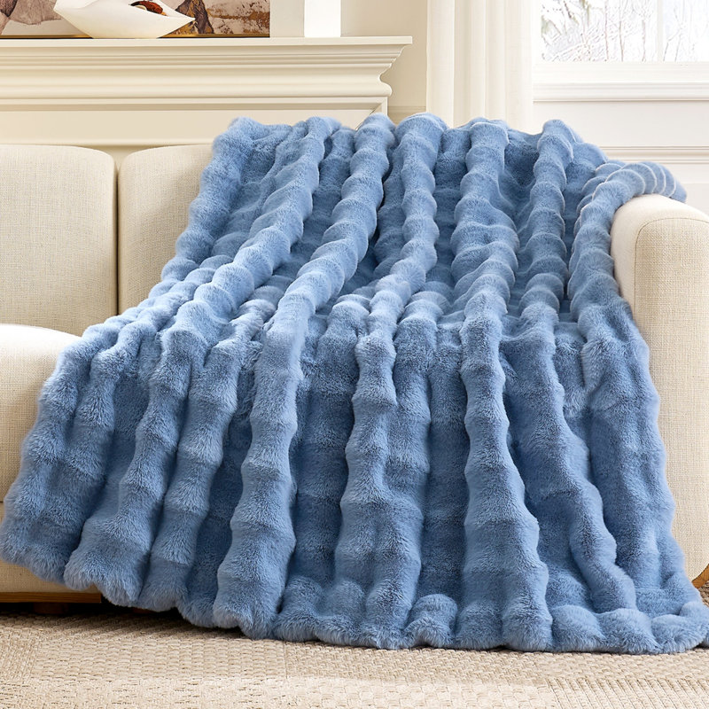 Jeté en fausse fourrure douce et luxueuse, Lit simple, Bleu