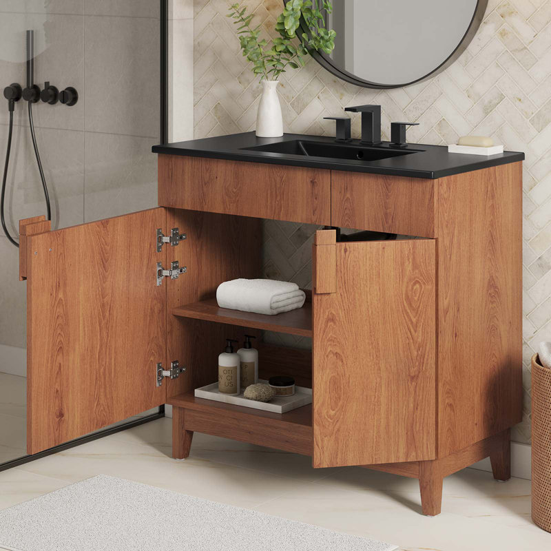 Modway Miles 36'' Free Standing Single Bathroom Vanity with Ceramic Top, Walnut, Black