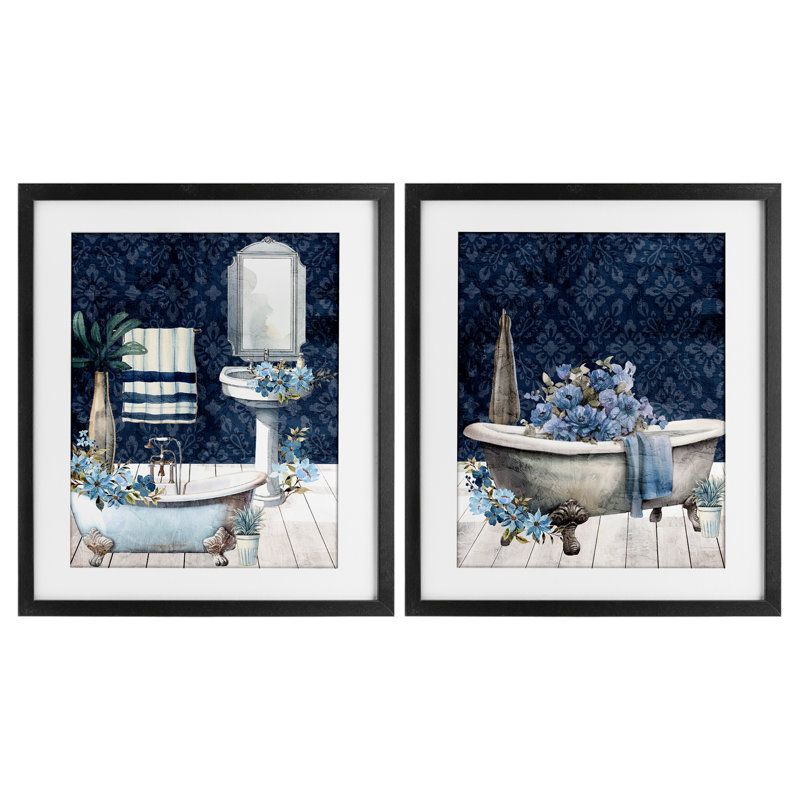 «Blue Bath Floral Interior», ensemble de 2 impressions encadrées sous verre, design par Kim Allen, Cadre noir minuit