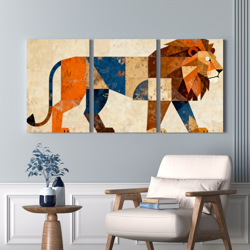 Tableau abstrait géométrique de lion sur toile tendue (lot de 3), H 30 po x l 60 po