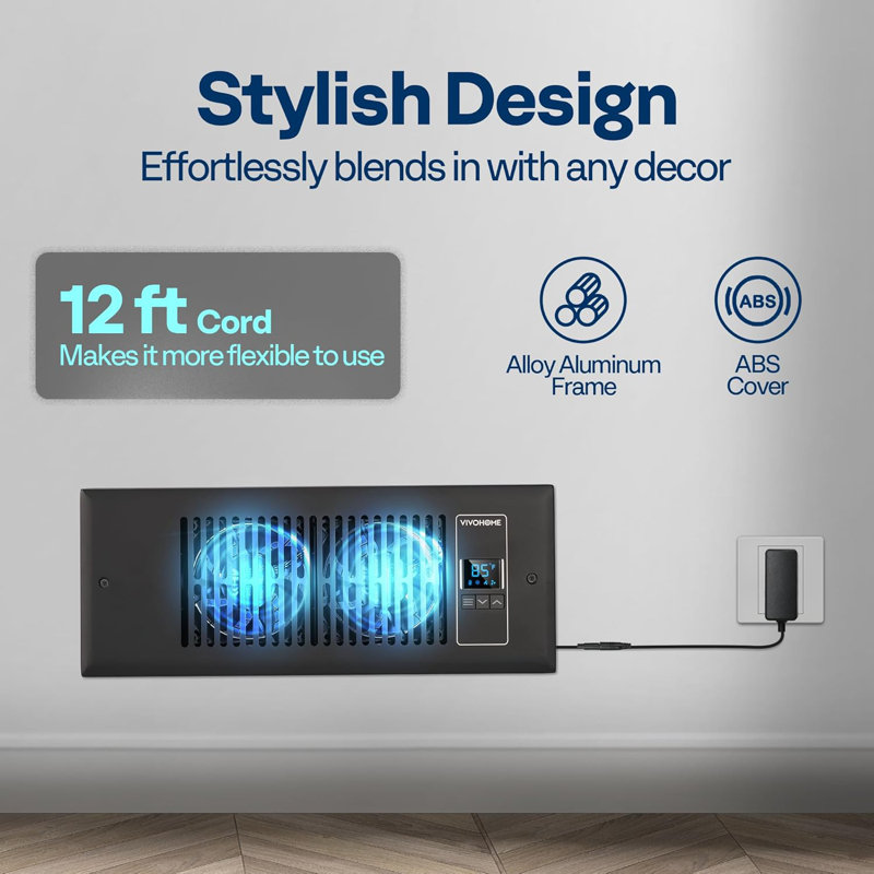 Quiet Register Booster Fan With Intelligent Thermostat, Black