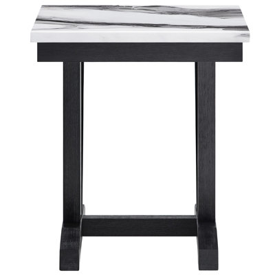 Table d'appoint carrée noire et blanche, plateau imitation marbre, double piètement, côtés en V, construction en bois massif, 56 cm de large, 60 cm de haut. Table moderne blanche, haute, 11,5 kg, profondeur