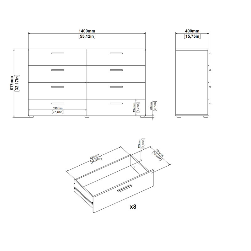 Gianna 8 Drawer 55.12" W Double Dresser, White