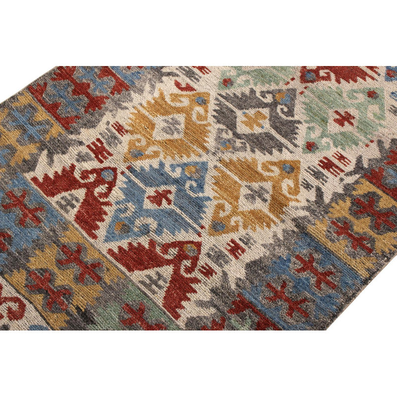 Rug & Kilim’S Classic Turkish Runner In Gold And Blue Geometric Pattern, Runner 2'6" x 10'