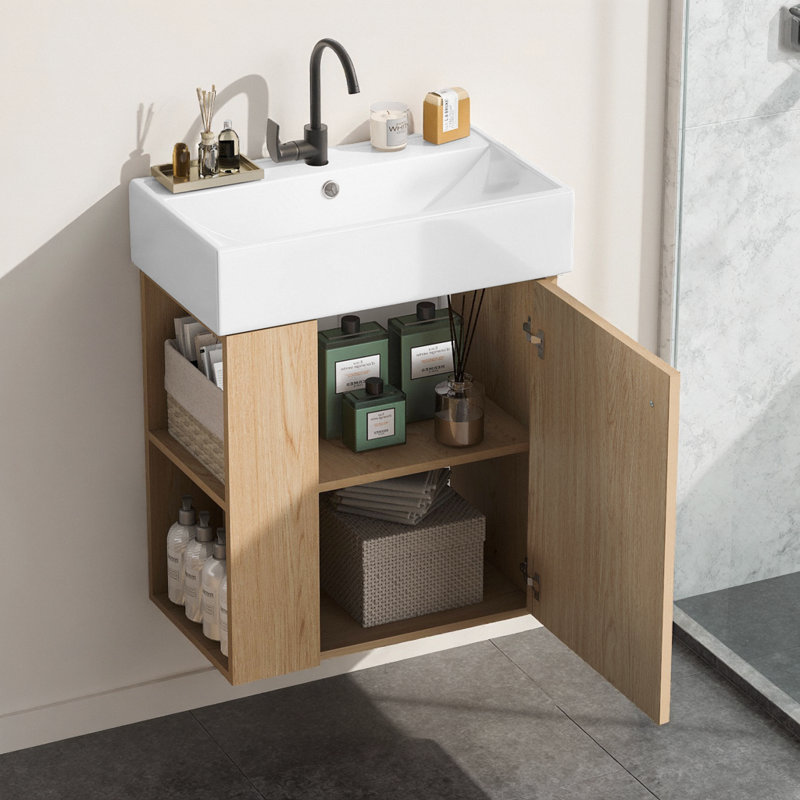 Meuble-lavabo flottant moderne avec lavabo en céramique et rangement à gauche - conception compacte de 21,6 po pour les petites salles de bain