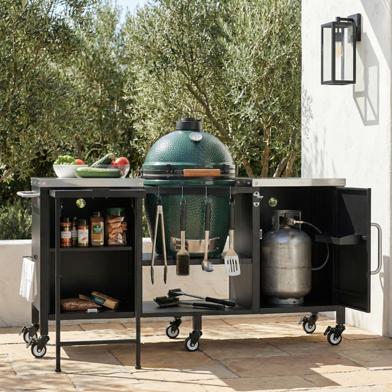 72.4" Outdoor Grill Cart For Big Green Egg With Storage Box, Outdoor Kitchen With Fold-Out Prep Table And Adjustable Shelves, Spice Rack