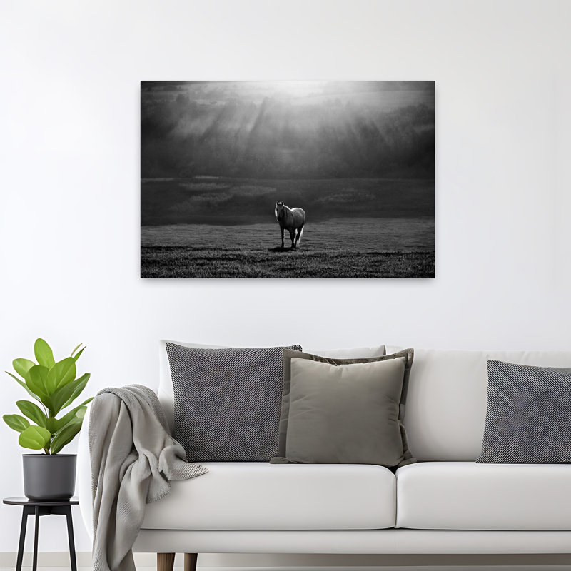 «Majestic Horse Sunrays Dramatic Peaceful Serene Horse Landscape Nature», art mural, H 32 po x l 48 po