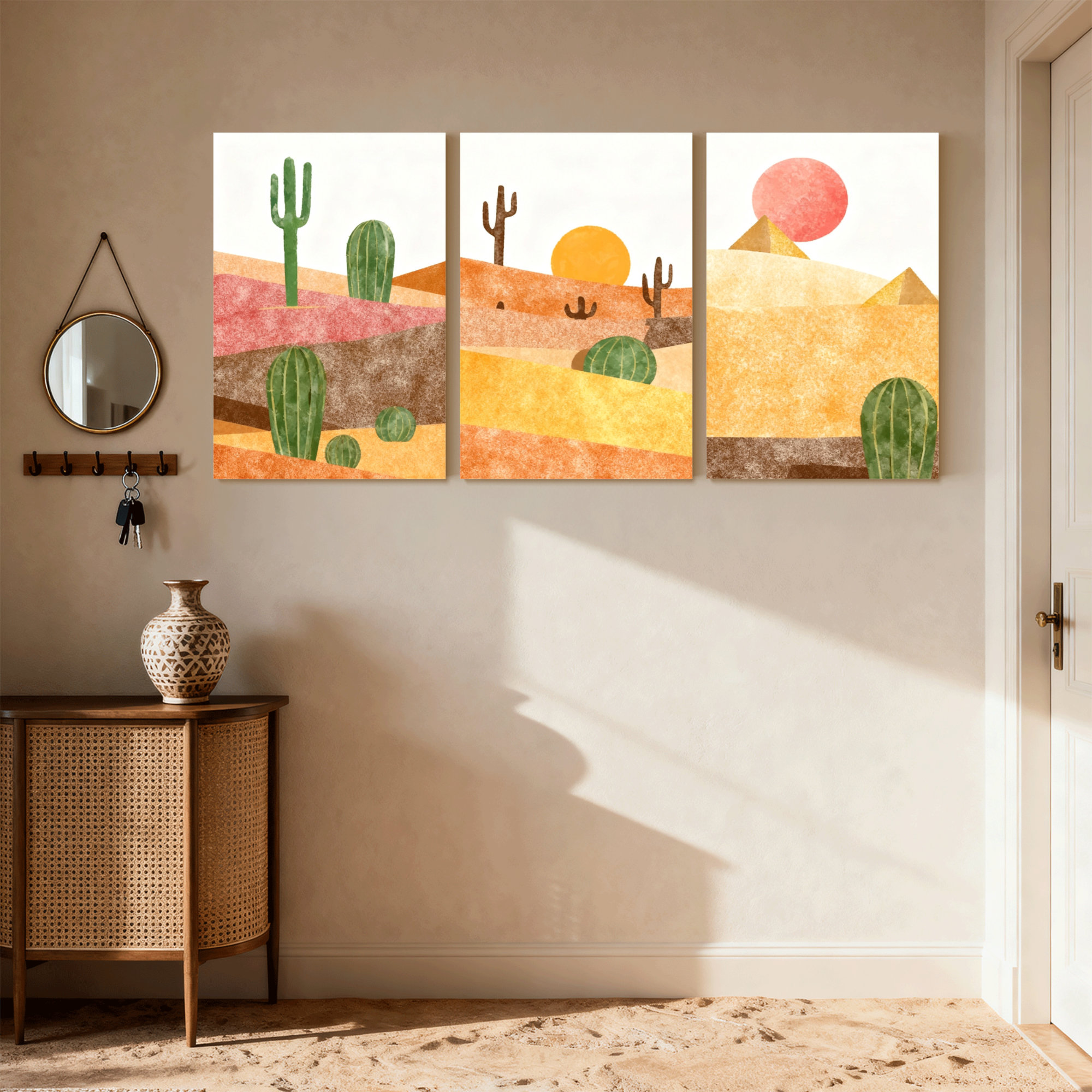 Union Rustic Cactus Desert Landscape With Cacti And Sun Set of 3 Canvas ...