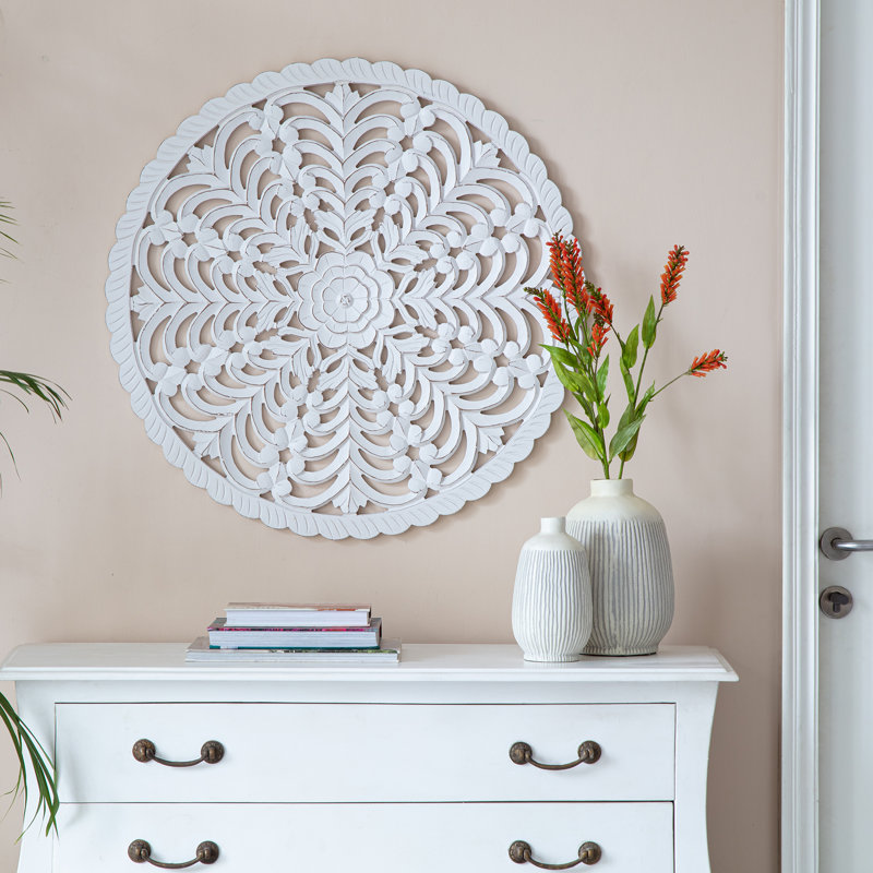 Lottie White Round Wood Bohemian Wall Medallion, 30-Inches