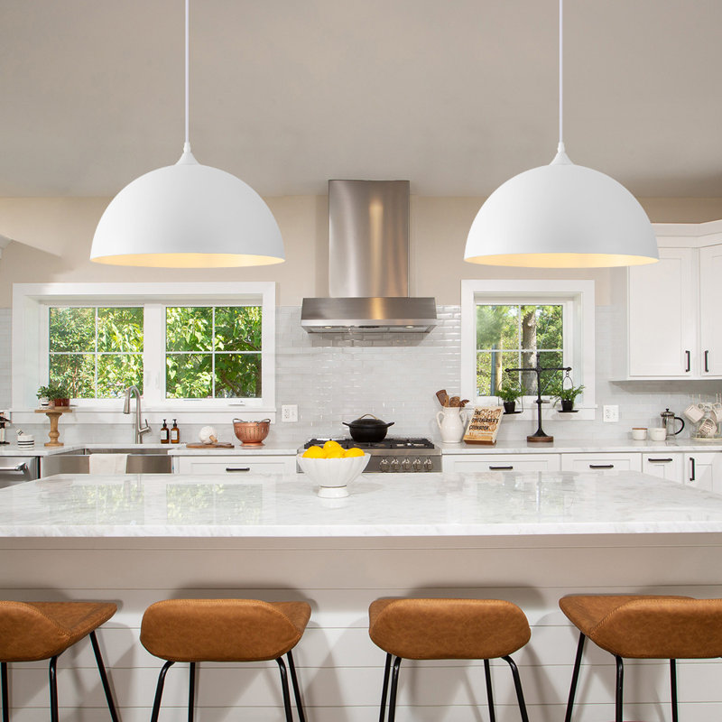 2 - Light 16" Industrial Dome Single Pendant with Metal Dome Shade for Kitchen Island Dinning Room, White