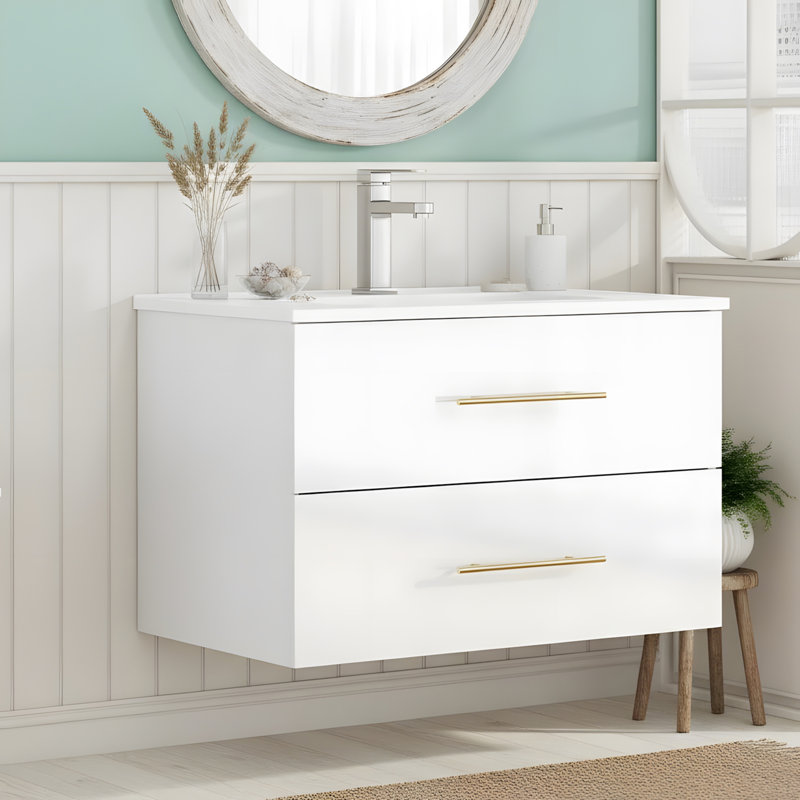 Wall-mounted bathroom vanity with two drawers, 30", Glossy White