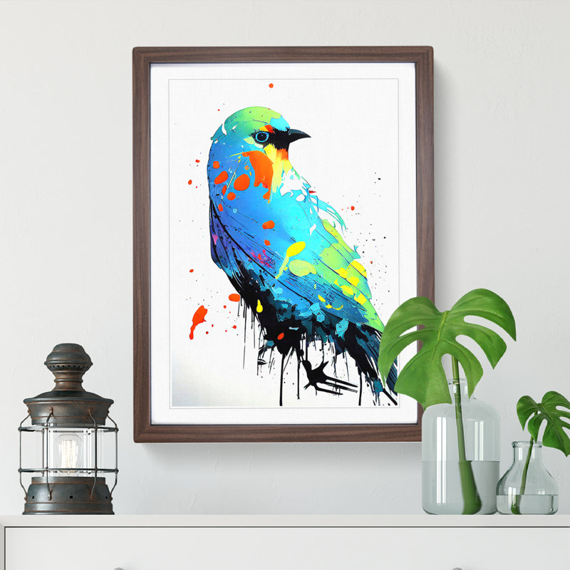 Dripping Paint Bird No.5 Abstract 1 Piece Single Picture Frame Painting, 64cm H x 46cm W x 2cm D, Walnut
