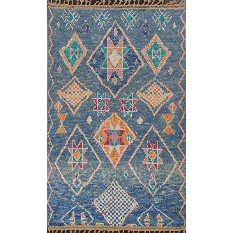 Tapis bleu noué à la main de conception unique 5 pi 11 po x 9 pi 11 po