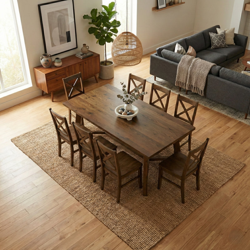 Oaklyn Modern Rectangular Dining Table Set, 9 Pieces: Table, 8 Chairs, Brown