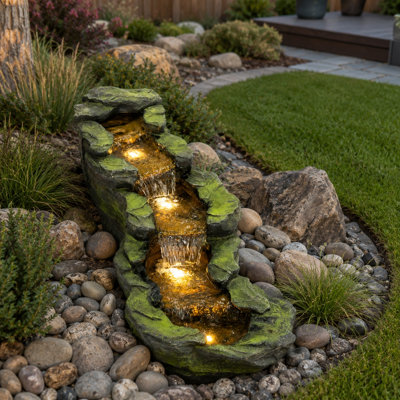 Outdoor Water Fountain 41.3", Long Rock Waterfall Fountain with Warm LED Lights, Resin Cascading Stream Water Feature, Quiet Pump for Garden Patio Yard Backyard Landscape Decor