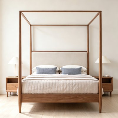 Cadre de lit à baldaquin en bois massif de taille moyenne Mid-Century avec tête de lit tapissier Boucle, lit plateforme à 4 colonnes avec pieds fuselés, aucun sommier requis, assemblage facile