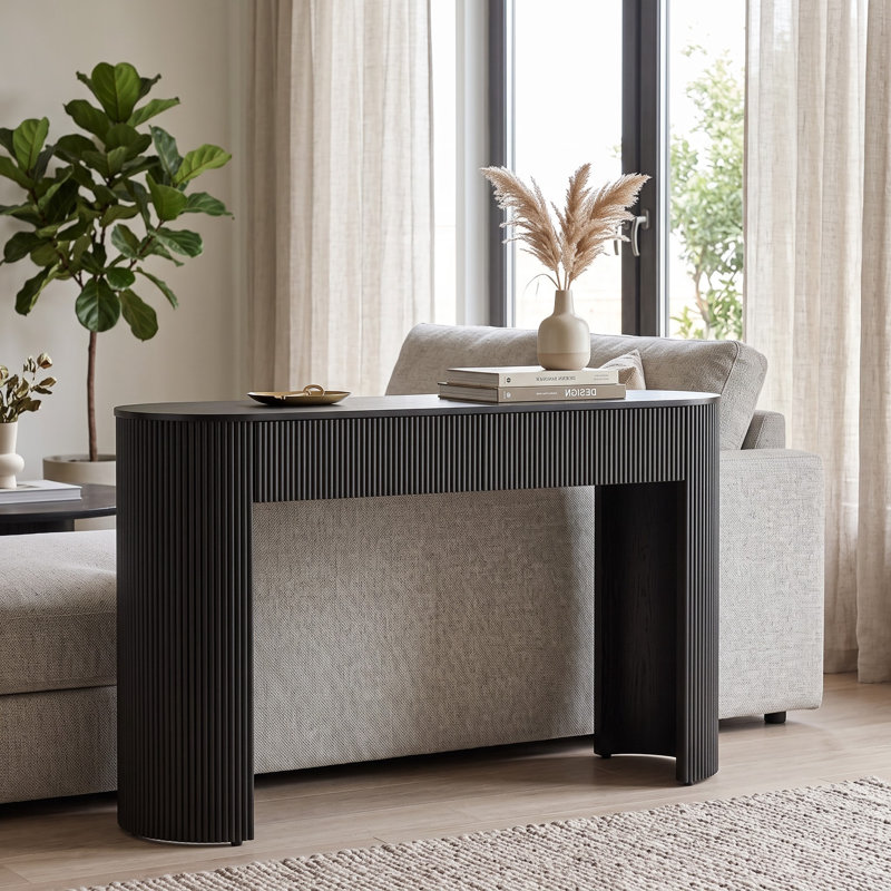 Console moderne avec façades de tiroir cannelées, plateau de table ovale et pieds courbés de style colonne - Table de rangement d'entrée avec 2 tiroirs pour le salon et le couloir