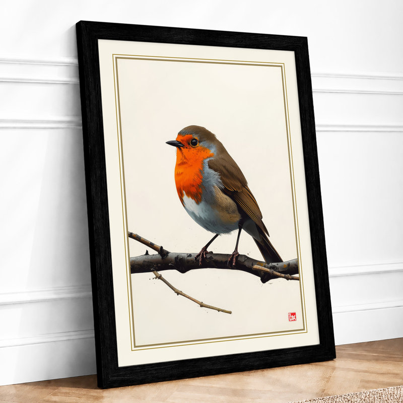 Robin on Branch Japandi - Framed Print, Black, A4 - 29.7 x 21.0 cm