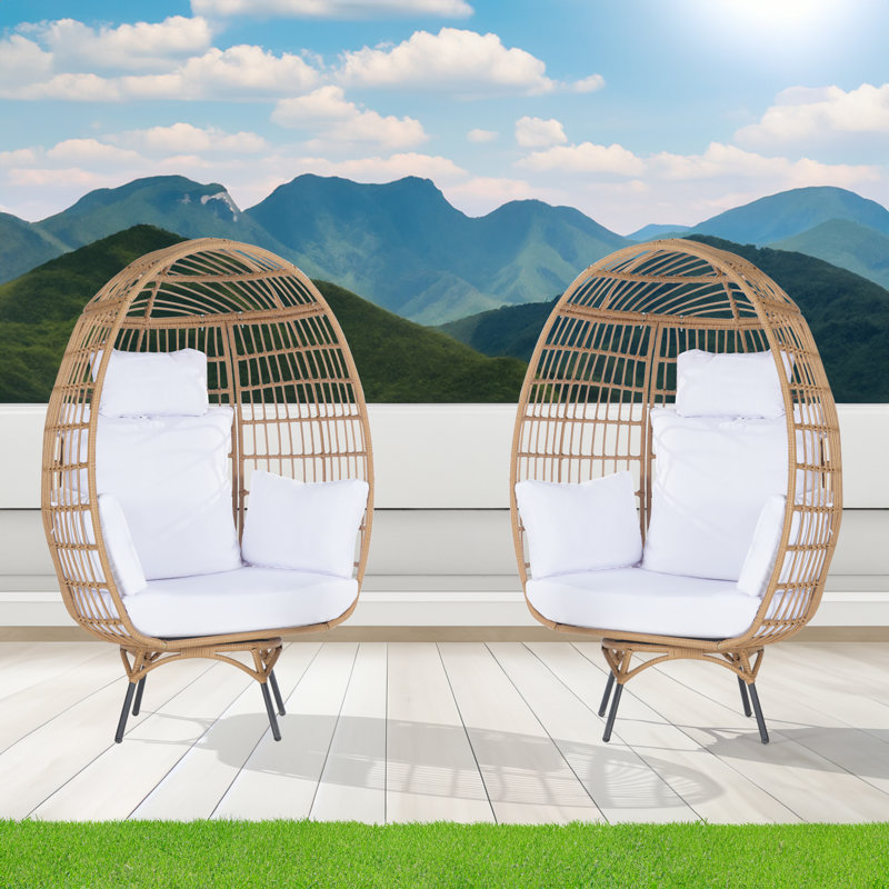 Fauteuil œuf de jardin pivotant en osier, Blanc, Brun