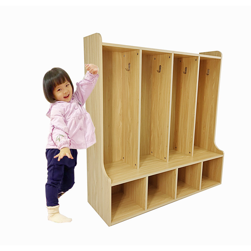 4-Section Kids School Coat Locker 42.5" H X 13" D X 41" W With Bench And Cubbies, Backpack And Cubby Storage Organizer With Hooks, MDF Wood Locker For Daycares