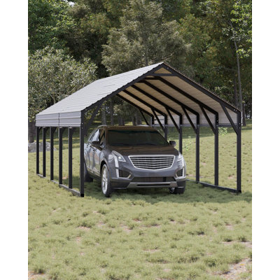 Heavy-Duty Metal Carport Shelter, Galvanized Steel Frame & Steel Roof - Wind-Resistant Permanent Outdoor Vehicle Canopy, Black - 12x26 FT