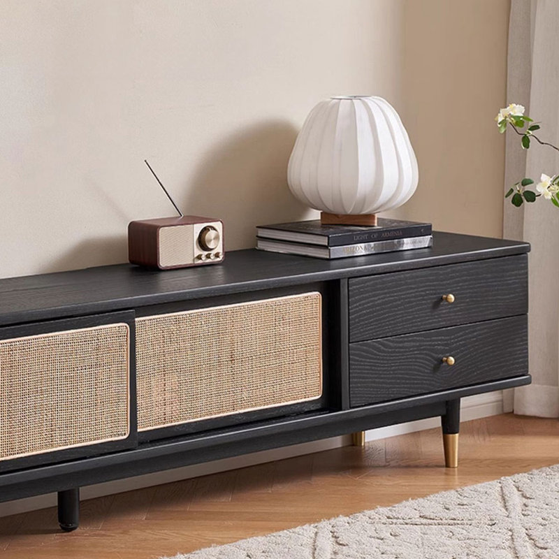 Meuble télé 78,74 po en bois massif noir + rotin + laiton, 70.87"