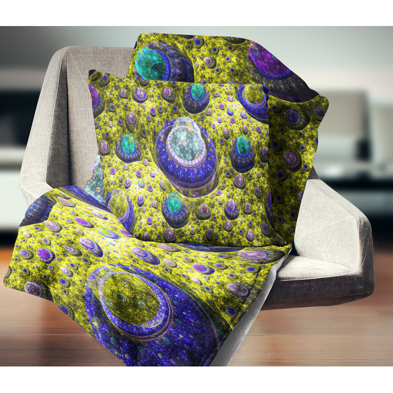 Planète exotique Fractal - coussin imprimé abstrait, 18 po x 18 po, Jaune, Coussin décoratif