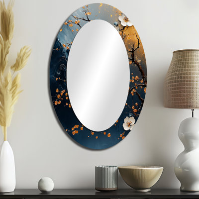 Or et bleu cerisier en fleurs, paysage I - décor de miroir mural ovale bleu