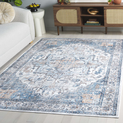 Tapis bleu / beige lavable à la machine Yadian Orlando en feutre / velours / film stratifié