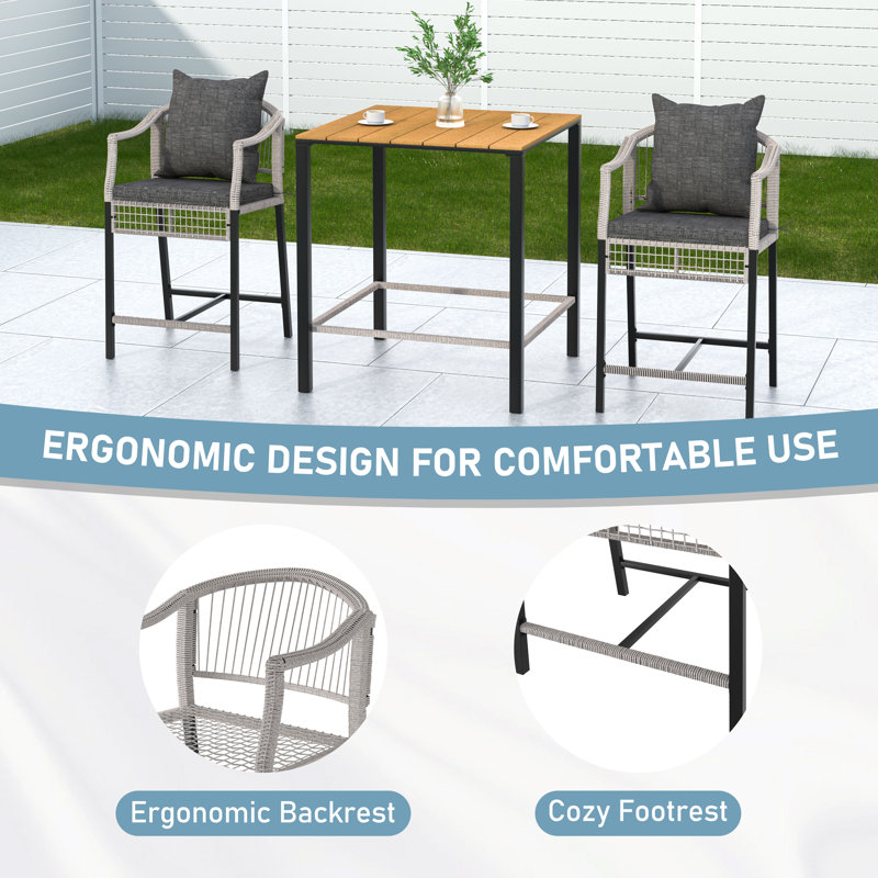 3-Piece Patio Bar Height Set Of Square Bar Table And Pe Rattan Wicker Bar Chairs