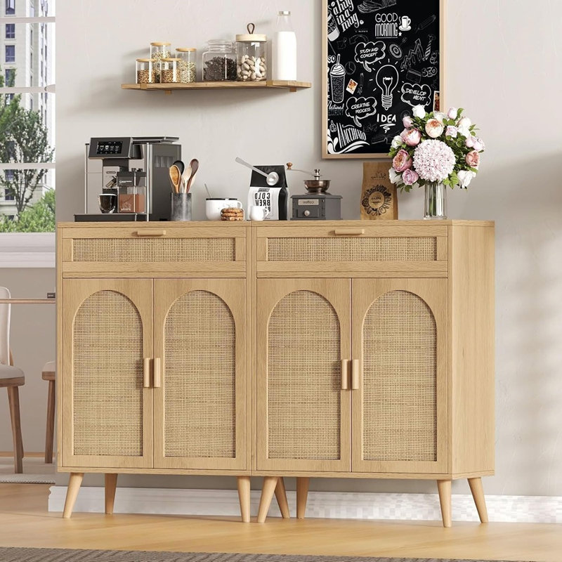 Buffet en rotin avec tiroir, armoire à café Boho, naturel