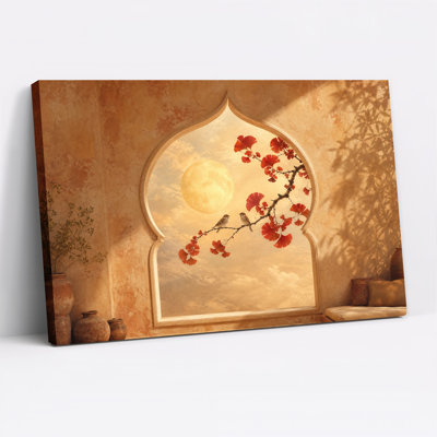 Tableau sur toile représentant deux oiseaux sur une branche de ginkgo rouge dans une fenêtre cintrée