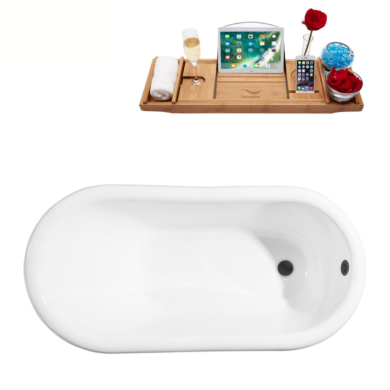 Baignoire de trempage sur pattes 60 "avec drain, pattes et plateau en bambou 60" Streamline, Noir mat, Blanc lustré
