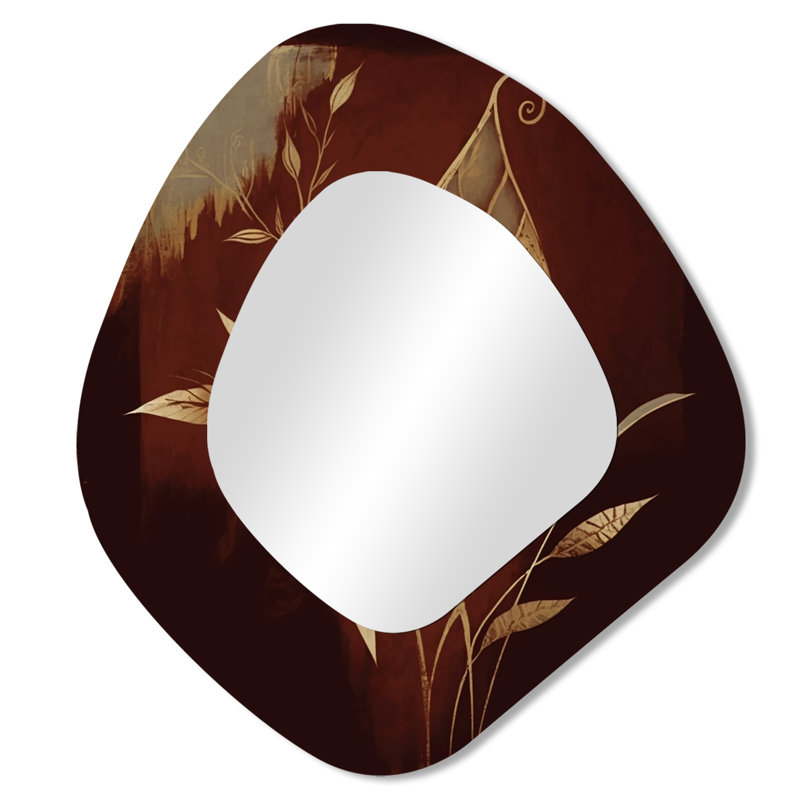 Guilford Terra Cotta Chocolate Leaves IV - Forest Unique Shape Mirror, Brown Asymmetrical Unique Wall Mirror, Printed Metal Art